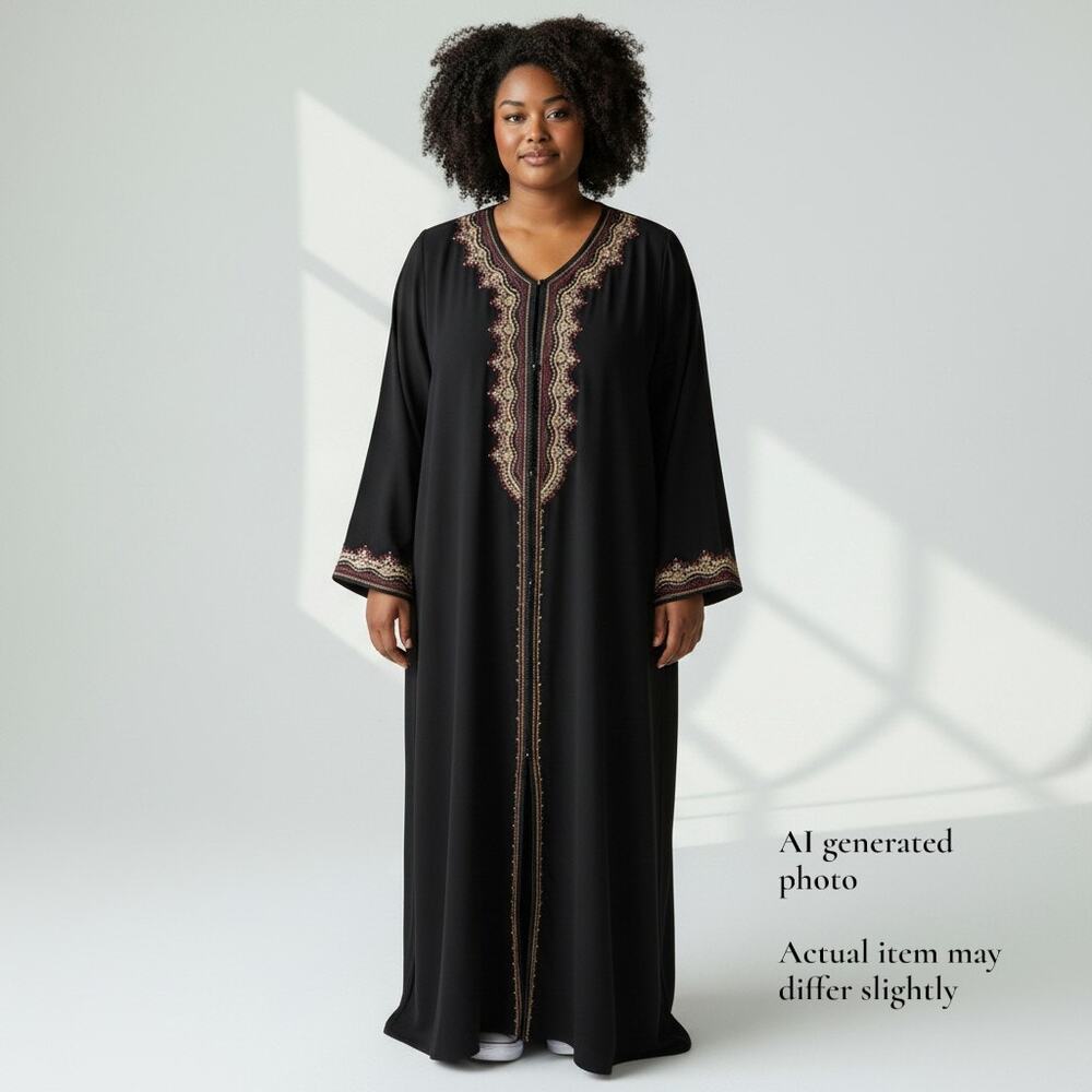 Black Sequin Moroccan Kaftan Long Sleeve Snap Front Dress Size XXL Plus NWOT